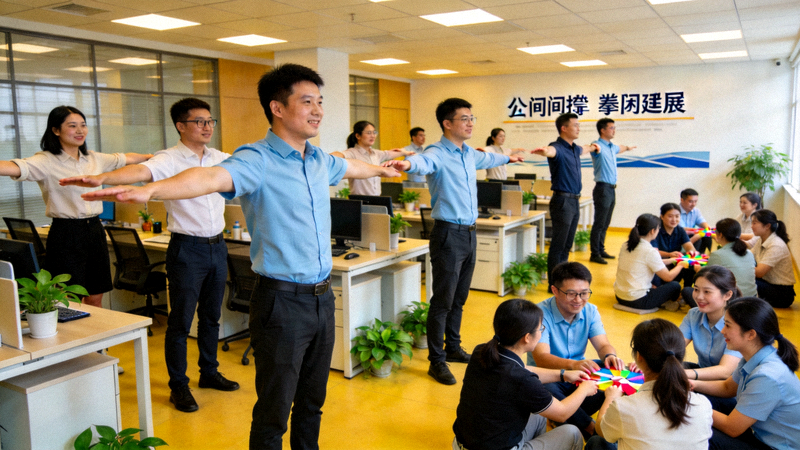 企业员工在办公室进行工间操和团队拓展活动