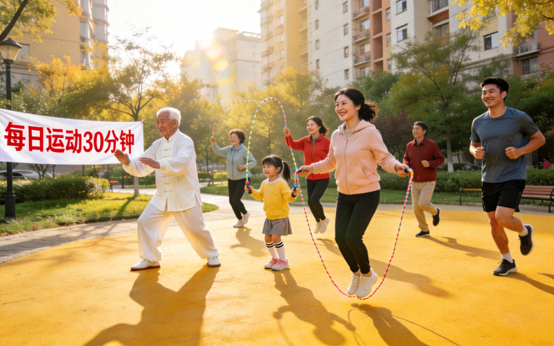 社区居民参与‘每日运动30分钟’倡议活动 - 集体进行户外锻炼的欢乐场景