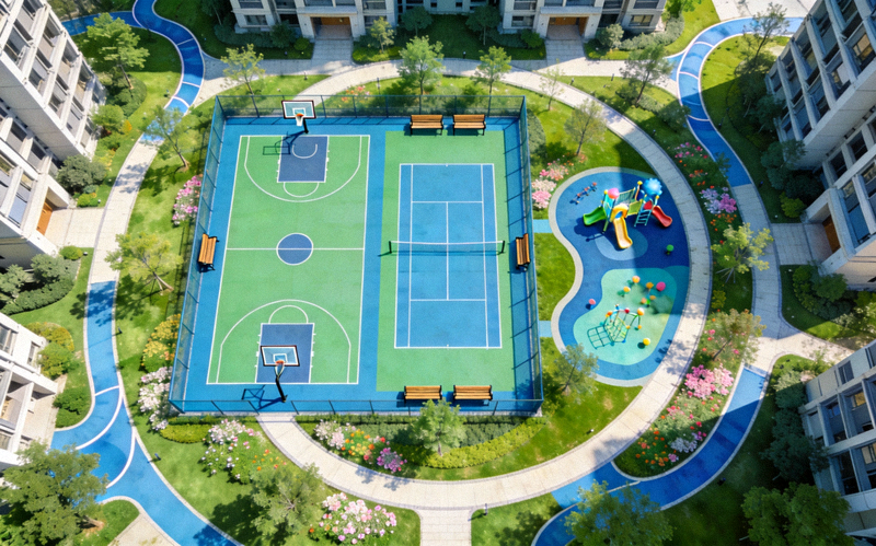 现代化社区中融合了多功能运动场地和绿化空间的设计俯瞰图