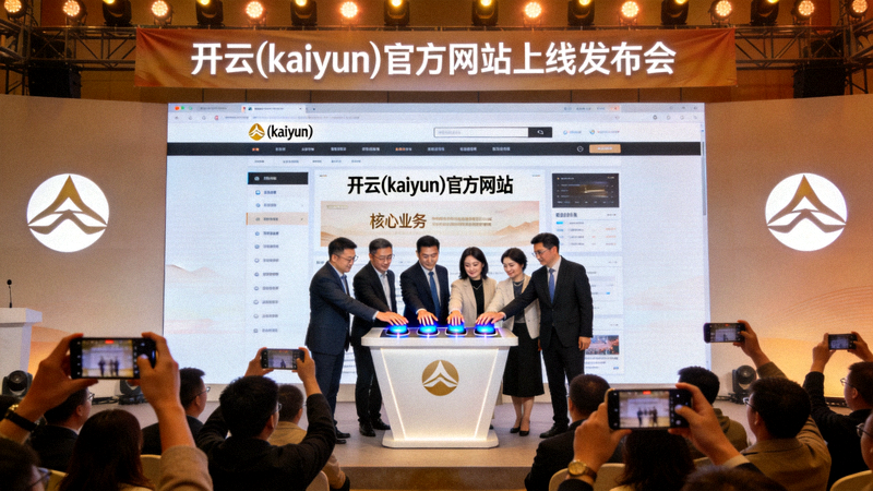 开云(kaiyun)官方网站上线发布会现场，大屏幕显示新官网界面，嘉宾正在台上进行启动仪式