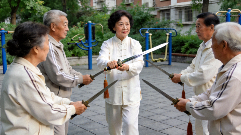 退休教师李阿姨带领社区老人练习太极剑的专注画面