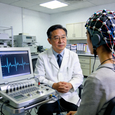 心理学专家李教授在实验室进行脑电波研究