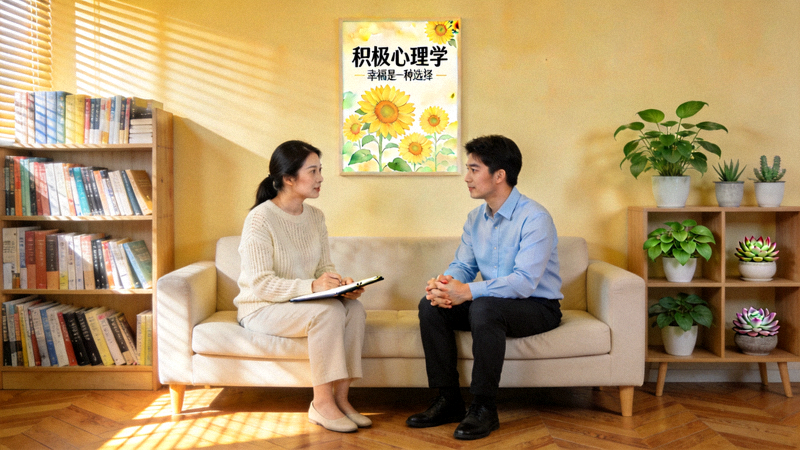 一位心理学专家在温馨的咨询室里与来访者交谈，背景书架上有书籍和绿色植物，墙上挂着积极心理学的海报