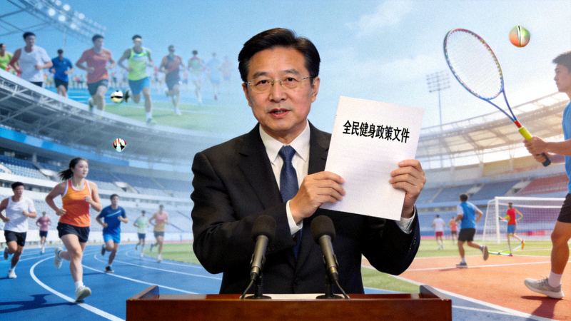政府官员在发布会上解读全民健身政策文件，背景是体育场馆和运动人群的合成图