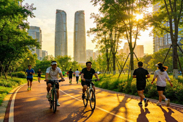 成都天府绿道上市民骑行、跑步、散步的繁荣景象