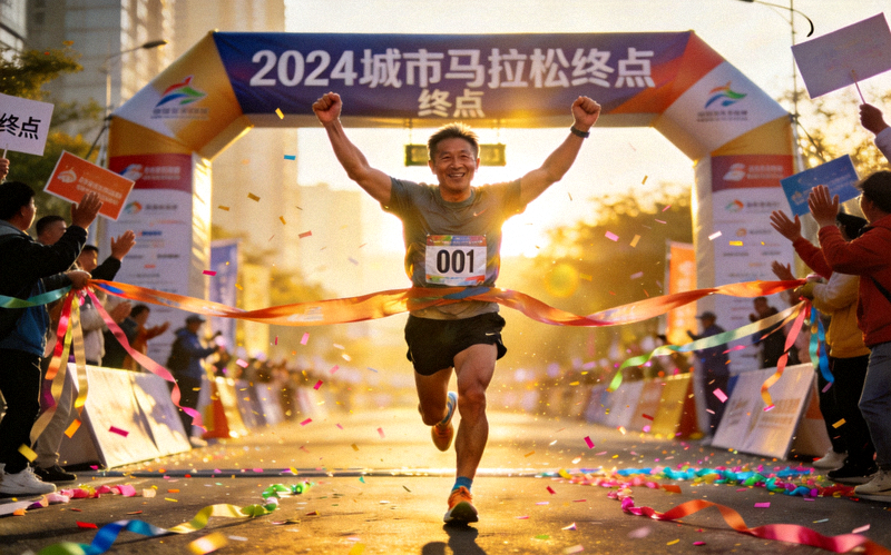中年跑者参加城市马拉松比赛冲过终点线后兴奋庆祝