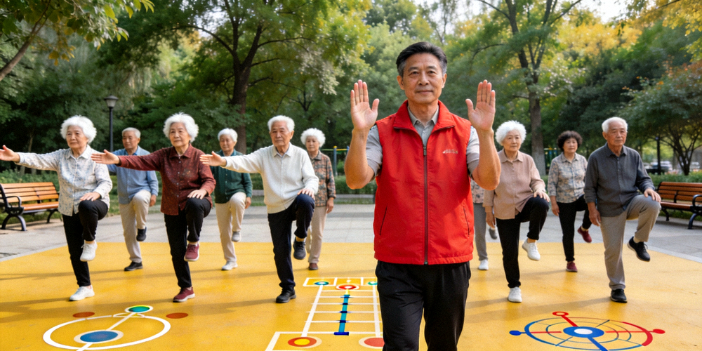 社会体育指导员在社区广场指导老年人进行科学健身锻炼