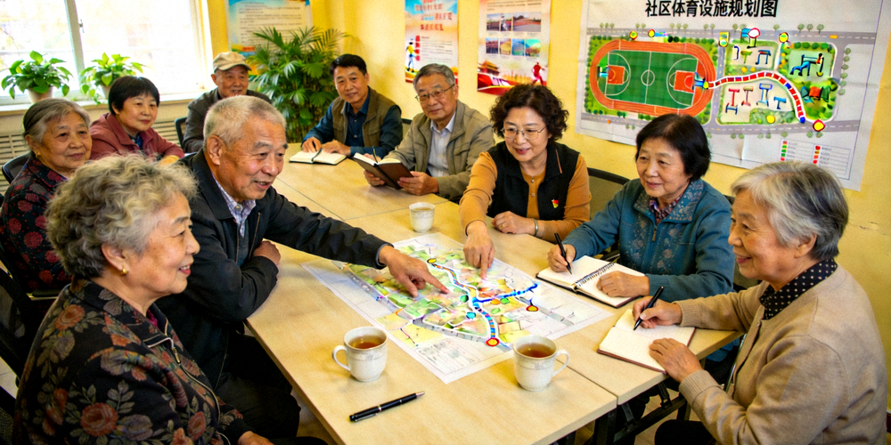社区居民参与体育设施规划讨论会的场景，墙上贴着规划图纸