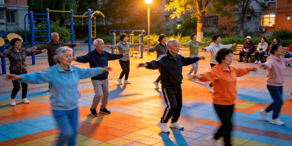 社区广场上由居民自发组织的晚间广场舞健身活动