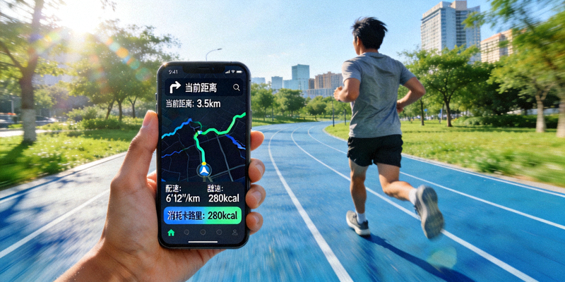 市民使用手机APP记录跑步路线和运动数据的智能健身场景