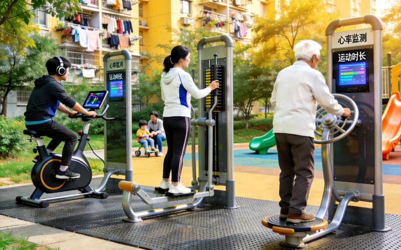 城市社区公园内居民使用智能健身器材进行锻炼的场景
