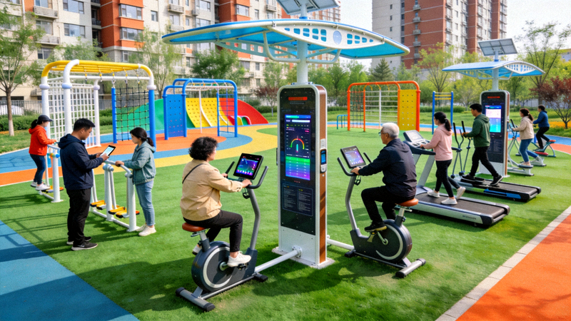 北京某社区智慧体育公园全景 - 市民在不同智能设施上锻炼