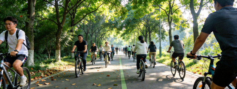 成都天府绿道骑行道上，众多市民正在骑行，两旁绿树成荫