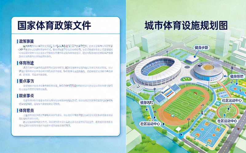 国家体育政策文件与城市体育设施规划图并列展示的示意图片