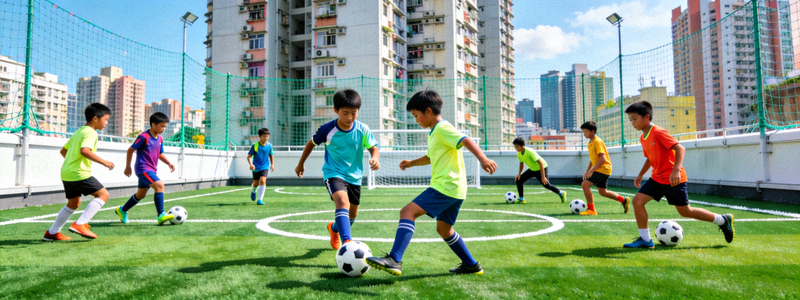深圳某社区楼顶经过改造的足球场，青少年正在进行足球训练