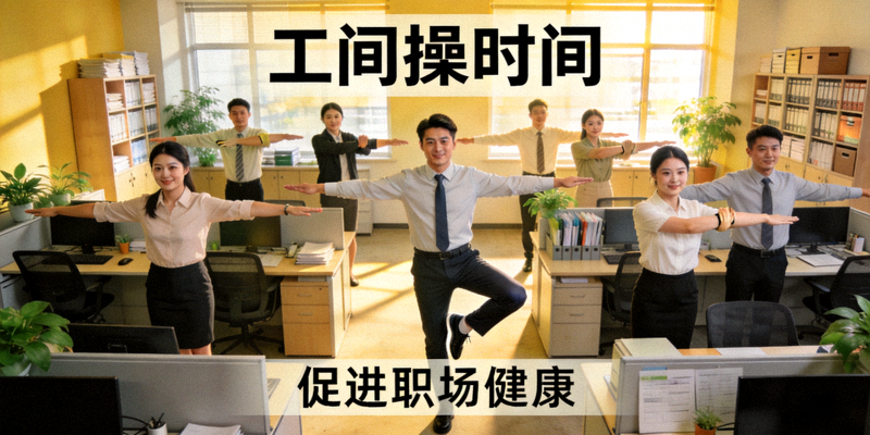 企业员工在办公室进行工间操锻炼 - 促进职场健康
