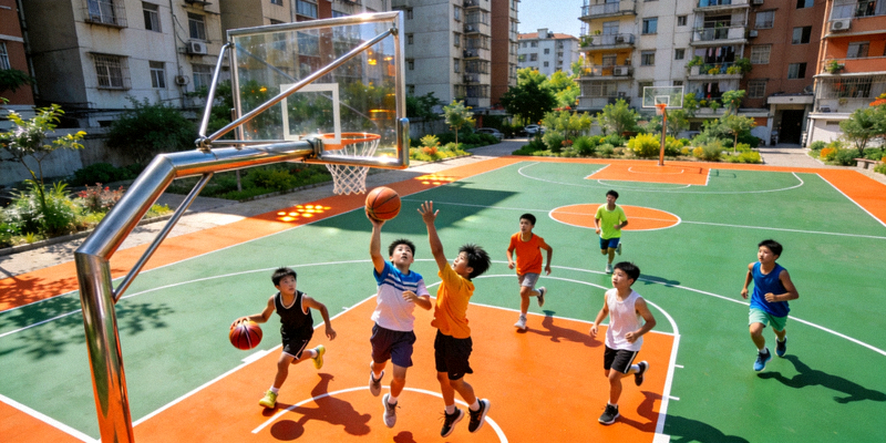 社区新建的塑胶地面篮球场，青少年正在进行篮球比赛