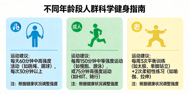 不同年龄段人群科学健身指南信息图 - 包含儿童、成人、老年人的运动建议