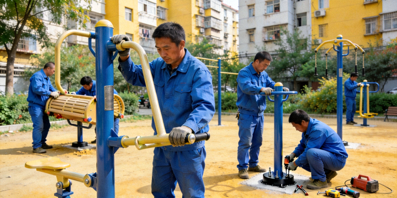 工人在社区空地上安装新的全民健身路径器材的工作场景