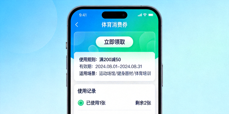 手机屏幕上显示体育消费券领取和使用界面的示意图