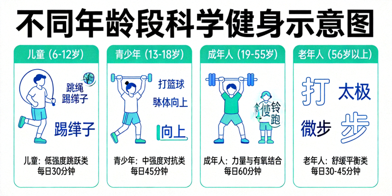 不同年龄段人群进行科学健身锻炼的示意图