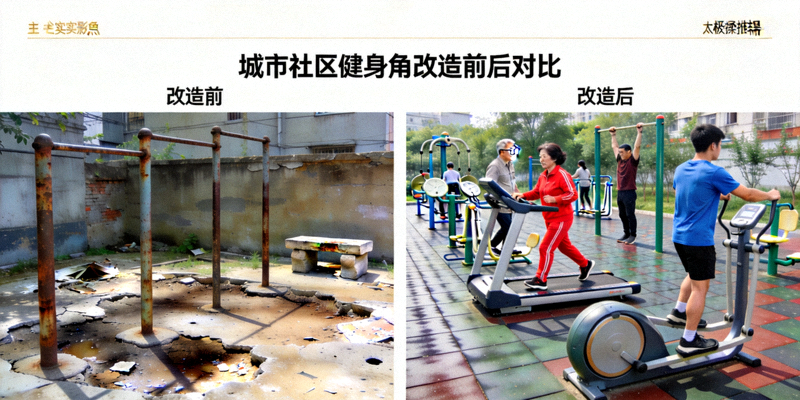 城市社区健身角改造前后对比 - 居民在新建的健身器材上锻炼