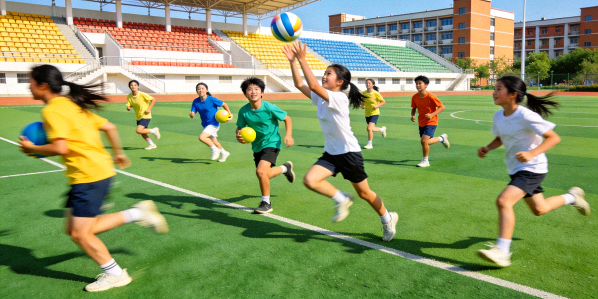 青少年在学校操场上进行团体体育比赛