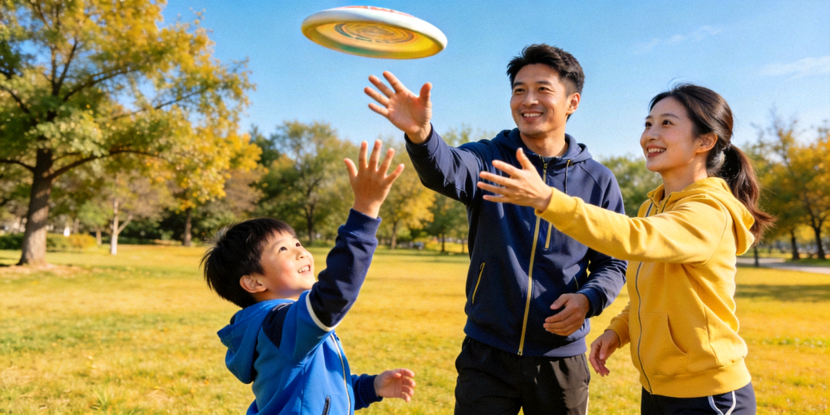 一家人在公园里进行家庭体育活动 - 父母与孩子一起玩飞盘