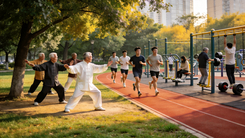 城市公园中不同年龄人群进行多样化健身活动场景 - 包括太极拳、跑步、器械锻炼