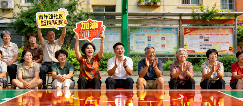 青年路社区篮球联赛现场，居民们围坐在崭新的球场边为比赛加油助威