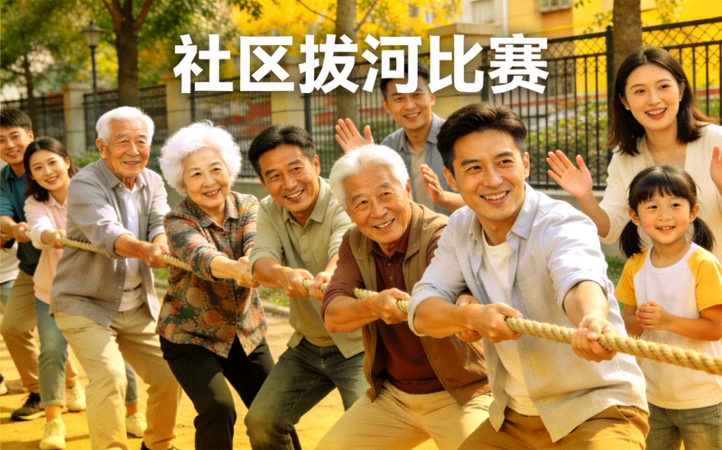 不同年龄段的社区居民共同参与拔河比赛，展现团结与凝聚力