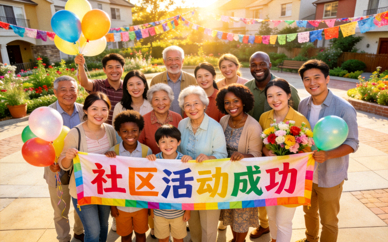 多元化社区居民在阳光下共同庆祝社区活动成功的欢乐大合影