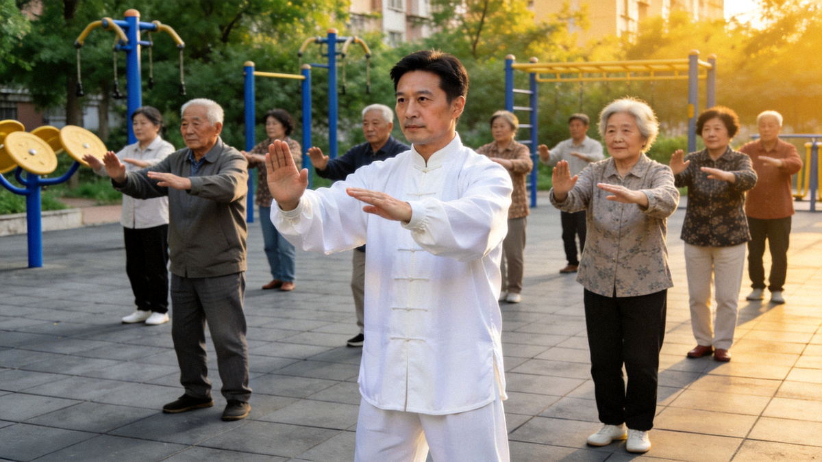 社区广场上，体育指导员正在带领一群中老年人练习太极拳