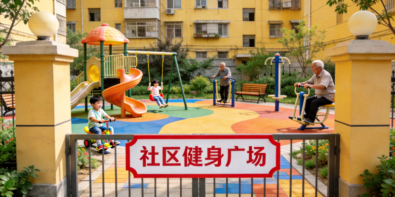老旧小区改造后的多功能社区健身广场 - 儿童玩耍老人健身