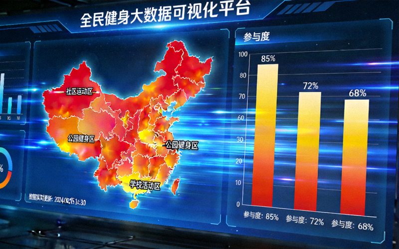 全民健身大数据可视化平台大屏幕 - 展示各区域运动热力图和参与度