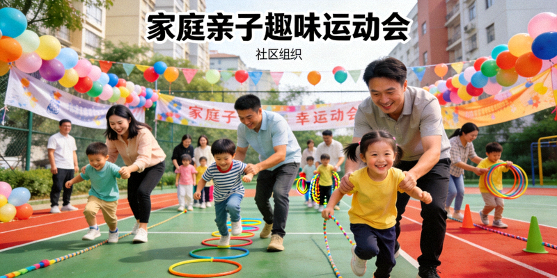 社区组织的家庭亲子趣味运动会场景 - 父母与孩子共同参与