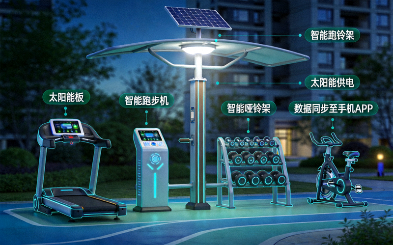 现代化社区智能健身设施示意图 - 太阳能照明与智能器材