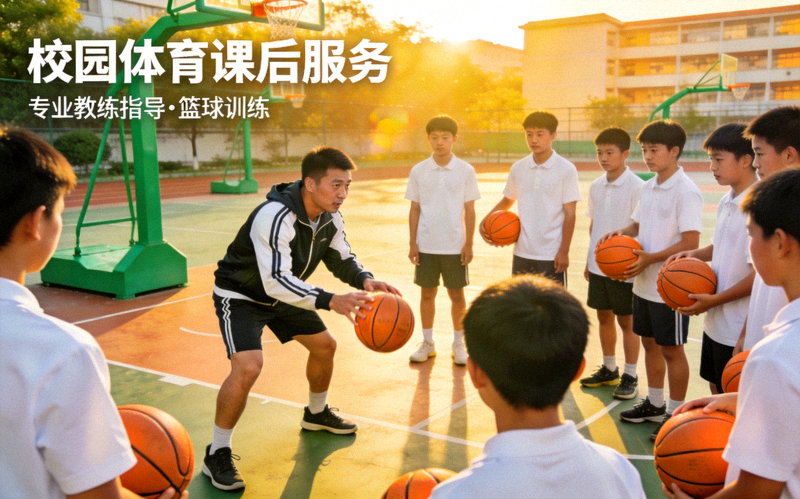 校园体育课后服务 - 学生在专业教练指导下进行篮球训练