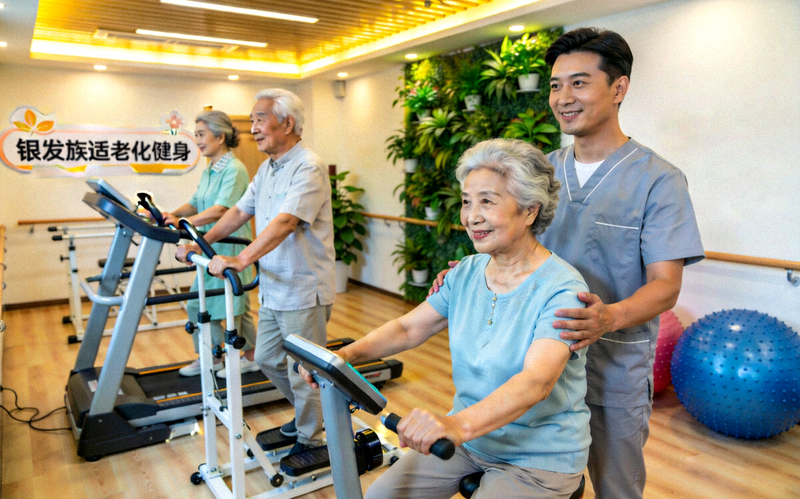 银发族适老化健身馆 - 老年人在专业指导下使用适老化器材锻炼