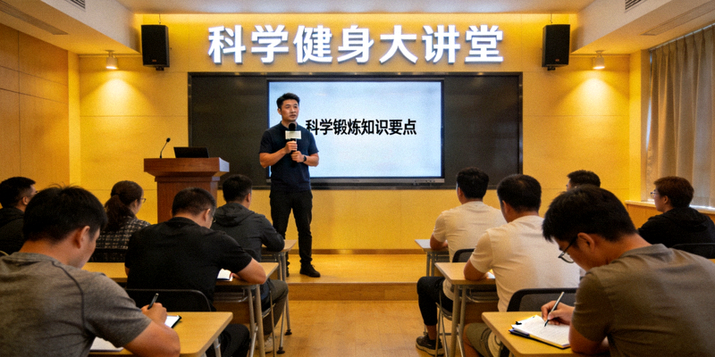 科学健身大讲堂现场 - 健身专家在讲座中讲解科学锻炼知识