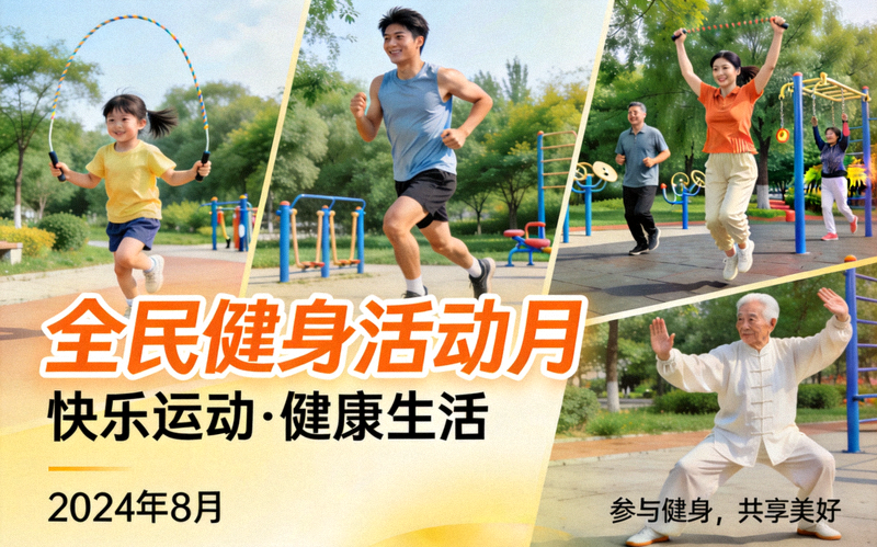 全民健身活动月宣传海报 - 不同年龄人群快乐运动的场景合成图