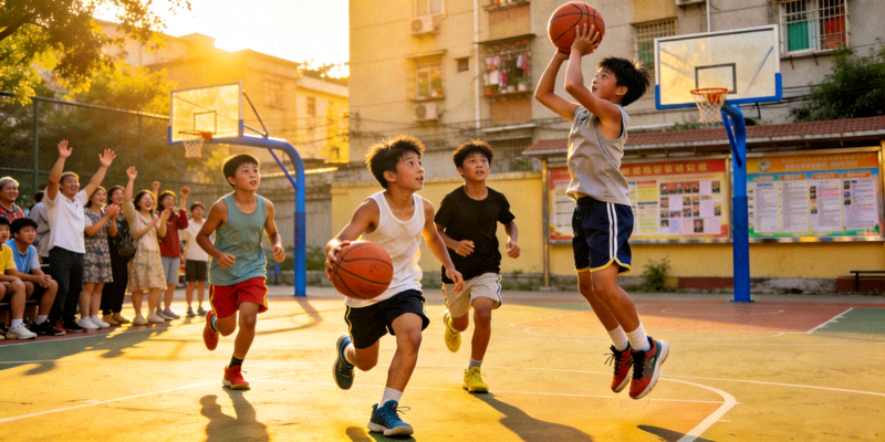 社区篮球场青少年进行篮球比赛的热闹场面