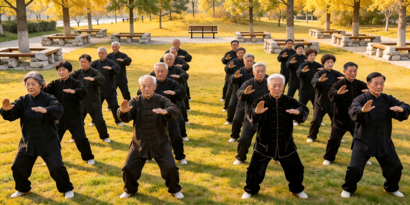 社区太极拳集体练习活动 - 中老年人在公园整齐练习太极拳