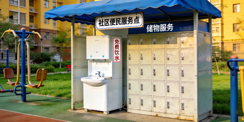 社区体育设施旁的便民服务点，提供饮水、储物等服务