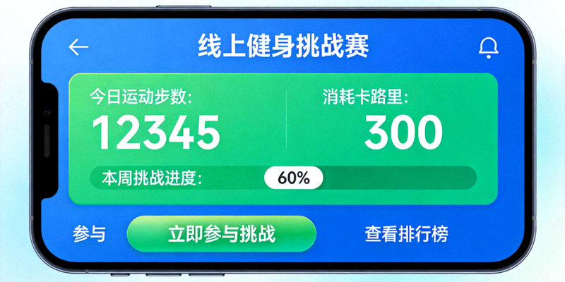 线上健身挑战赛参与界面 - 用户通过手机APP记录运动数据参与挑战