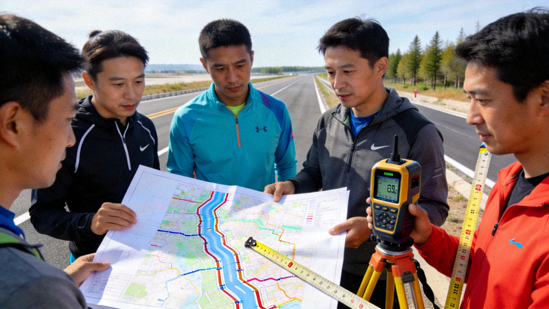 马拉松赛道规划团队使用地图和测量工具进行现场勘察
