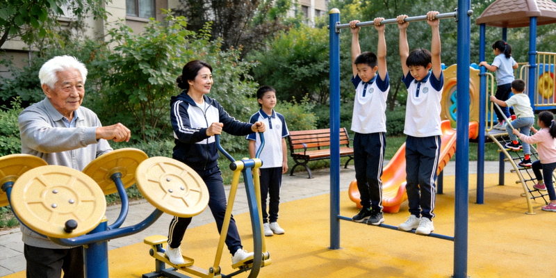 社区公园中不同年龄居民共同使用健身设施的和谐场景