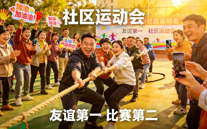 社区居民积极参与社区运动会拔河比赛的欢乐场面