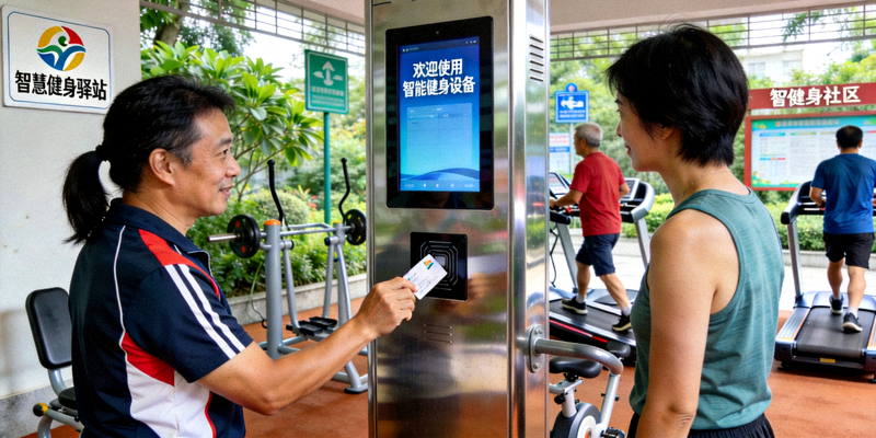 广州市某社区智慧健身驿站 - 居民刷卡使用智能设备进行锻炼