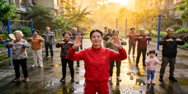 成都某社区社会体育指导员带领居民进行晨练的温馨场景